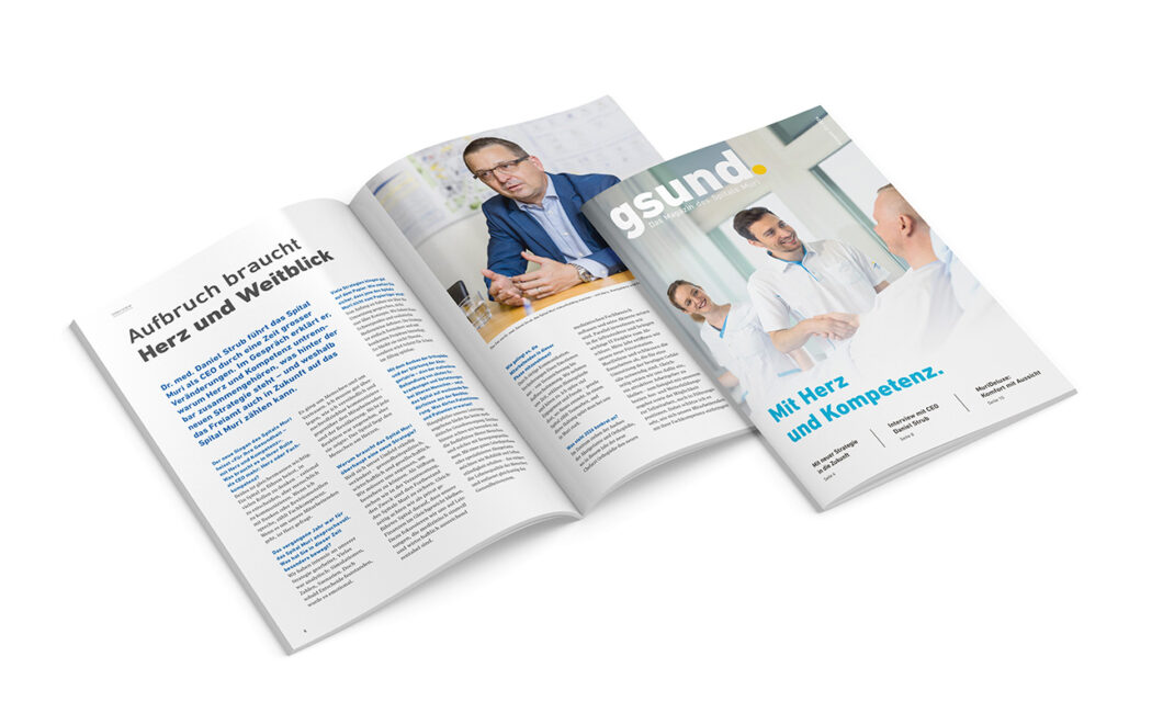 Magazin für das Spital Muri – Titelseite mit Schriftzug "gsund.", Foto von Pflegenden sowie Inhaltsseite mit Interview mit Spitaldirektion